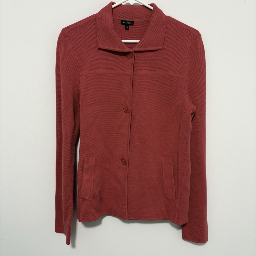 Talbots Womens Cardigan Sweater Size M Coral Long Sleeve Button Up Casual Office